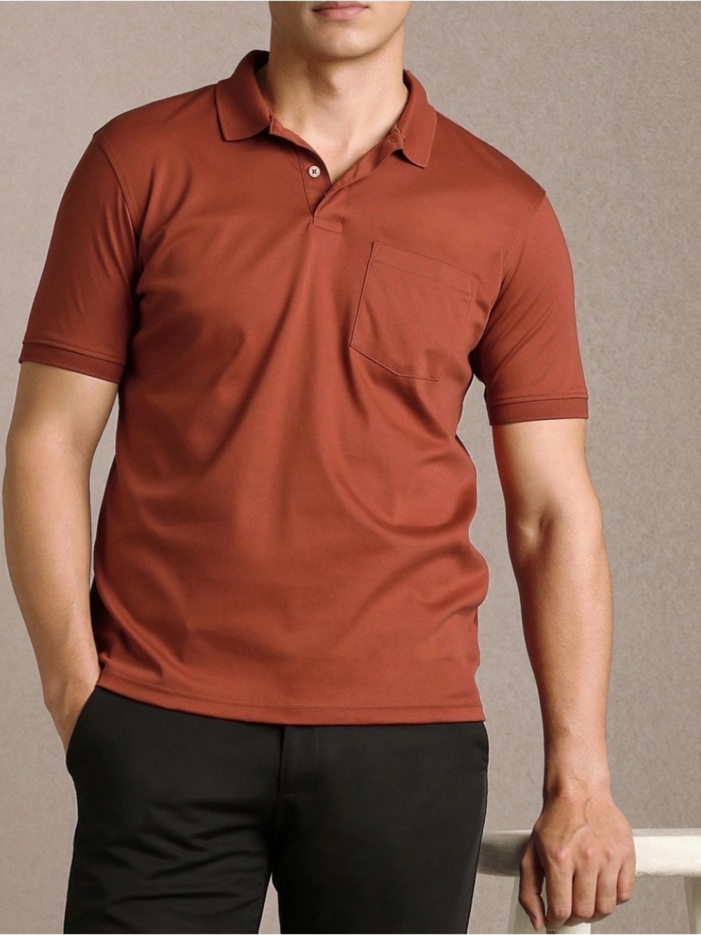 Express Men's Short-Sleeve Polo in Rust Brown with Chest Pocket